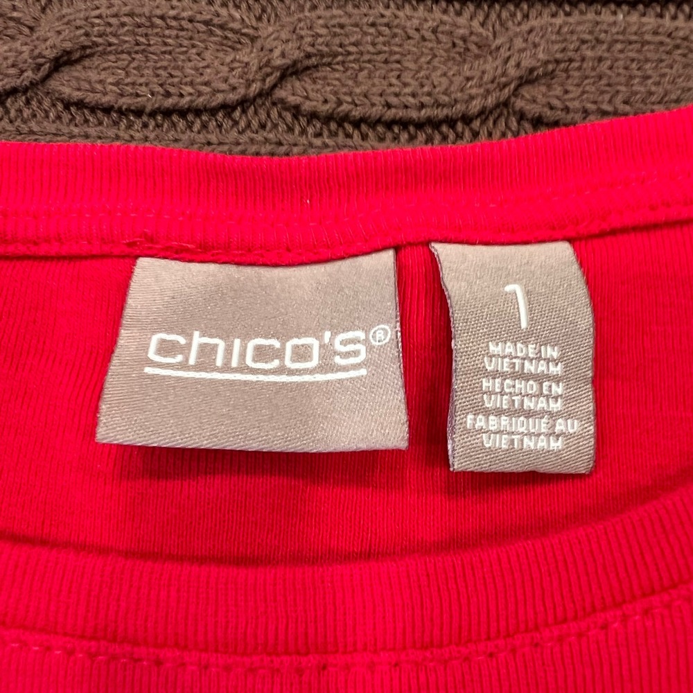 Chicos Red 100% Cotton Short Sleeve Crew Neck Basic Tee Top Size 1 Small - Picture 2 of 6